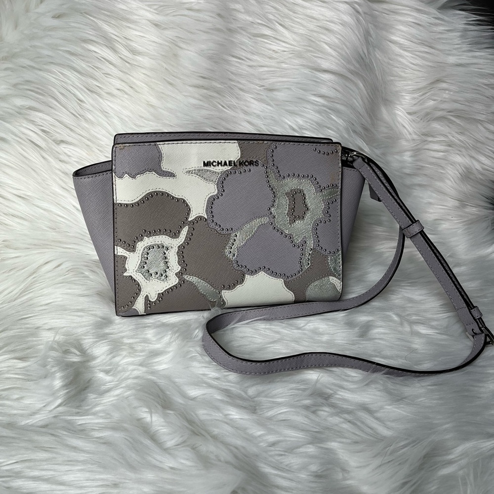 Michael Kors Floral Crossbody Bag in Purple, Gray and Cream